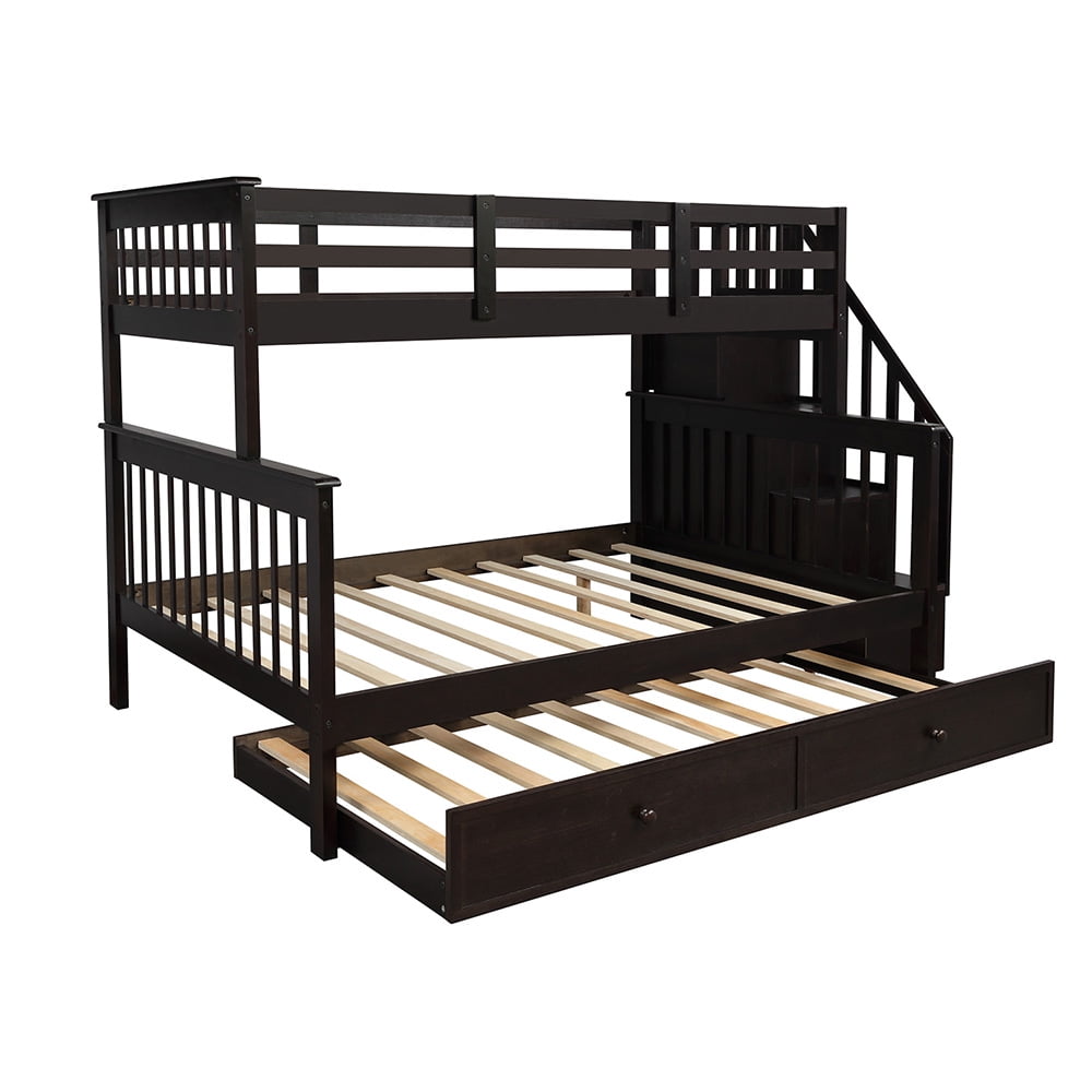 Twin-Over-Full Bunk Beds with Storage and Guard Rail, Bunk Bed for Bedroom, Espresso