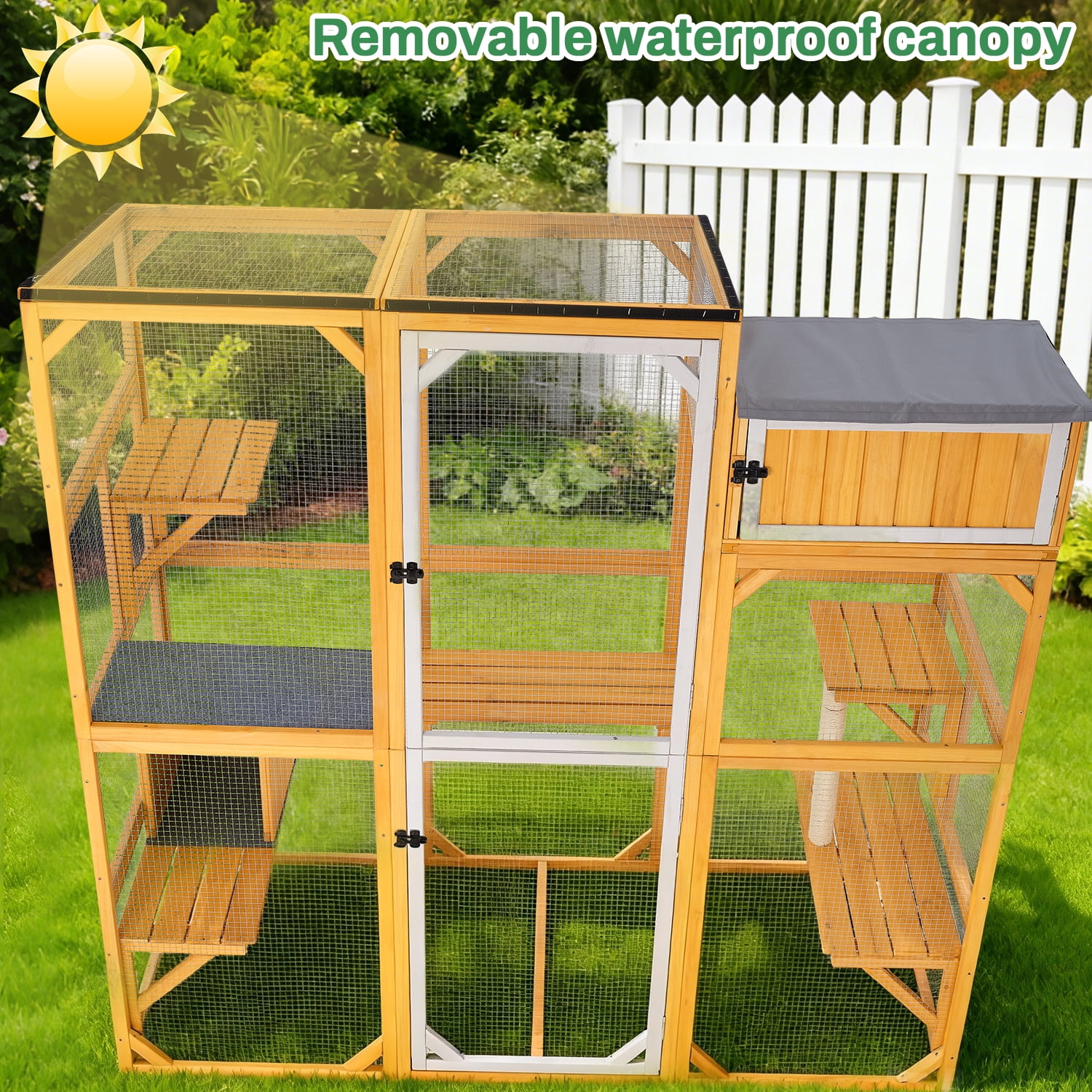 Wooden Outdoor Catio Enclosure for Pets with Scratching Post, Multi-Level Perches & Hideaways, Weatherproof Indoor/Outdoor Cat House with Roof, 5 Platforms & Resting Den, UV-Resistant