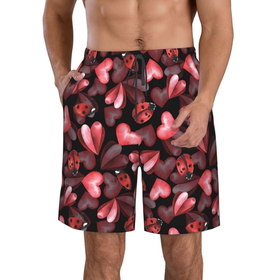 Naloa Ladybugs and Red Hearts Men's Beach Shorts, Surfing shorts, Swim trunks, Quick Dry Swim Trunks for Surfing Beach Fun - Small
