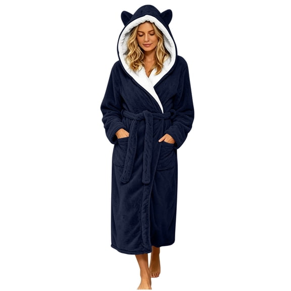 successthop Womens Bathrobe with Hood Fleece Long Sleeves Full Length Homewear Belted Sleepwear Warm Winter Loungewear
