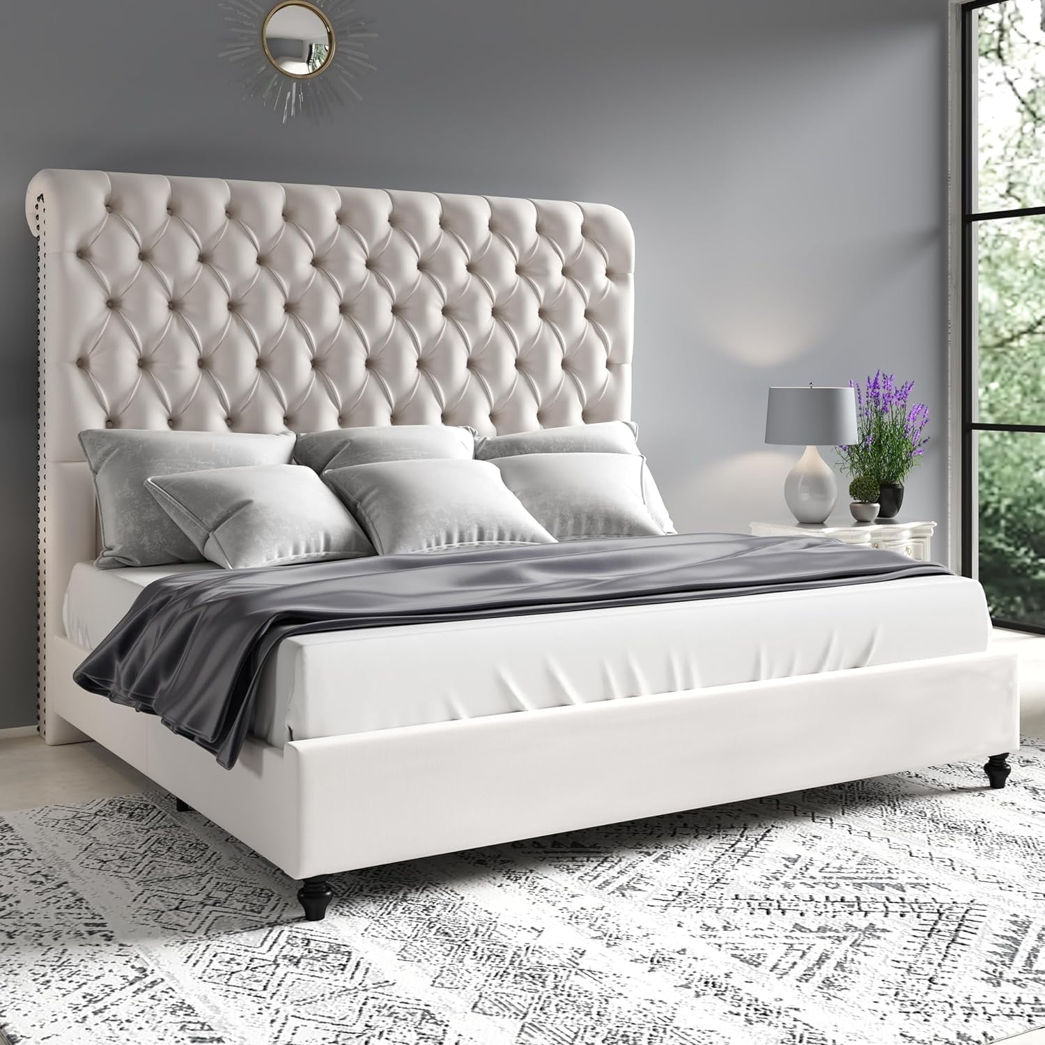 Merluxy King Bed Frame for Adult,60" Sleigh Headbord with Deep Button Tufting,Velvet Cream