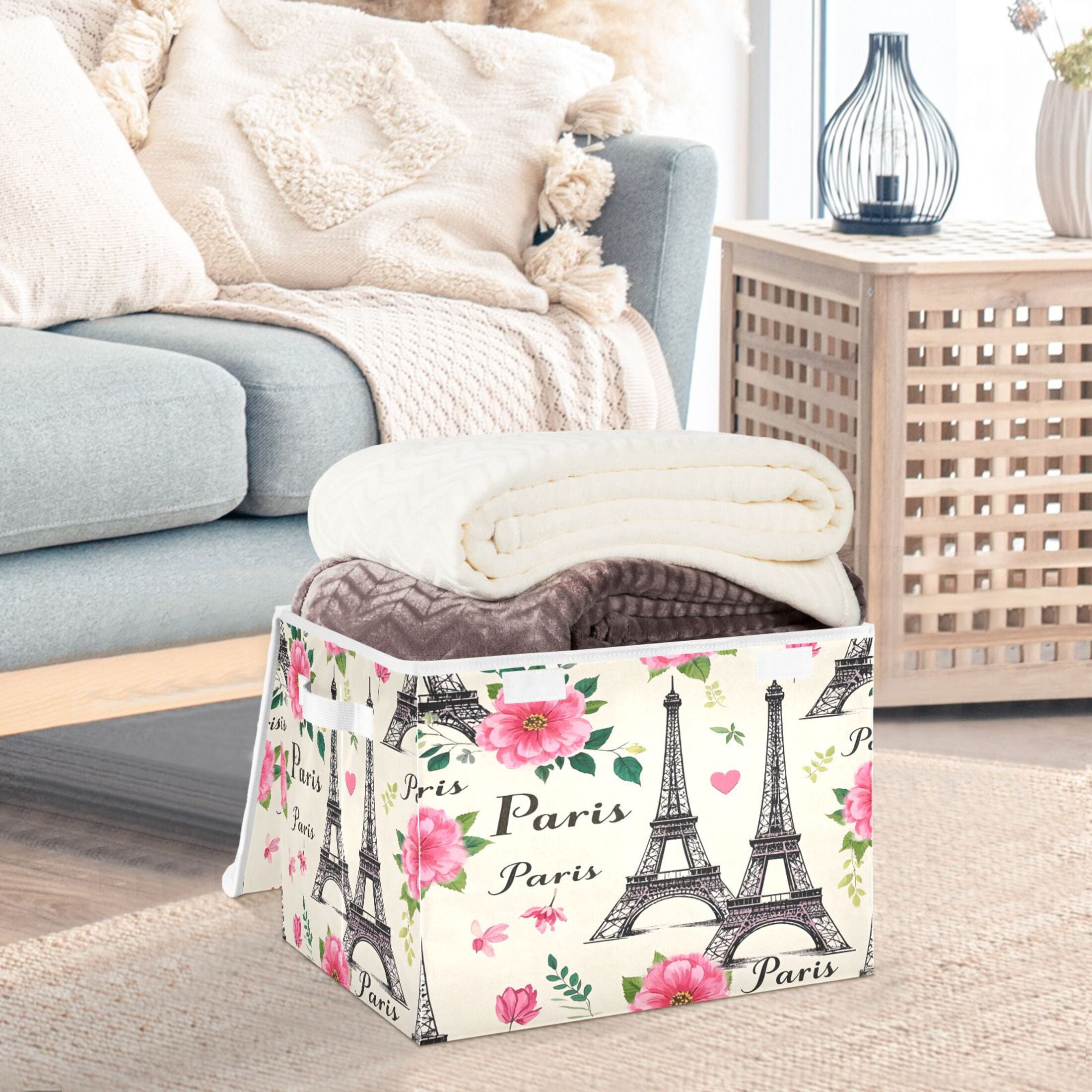 Ryvnso Paris Tower Flowers Large Lidded Foldable Storage Baskets Cubes Boxes Lids Bin for Home