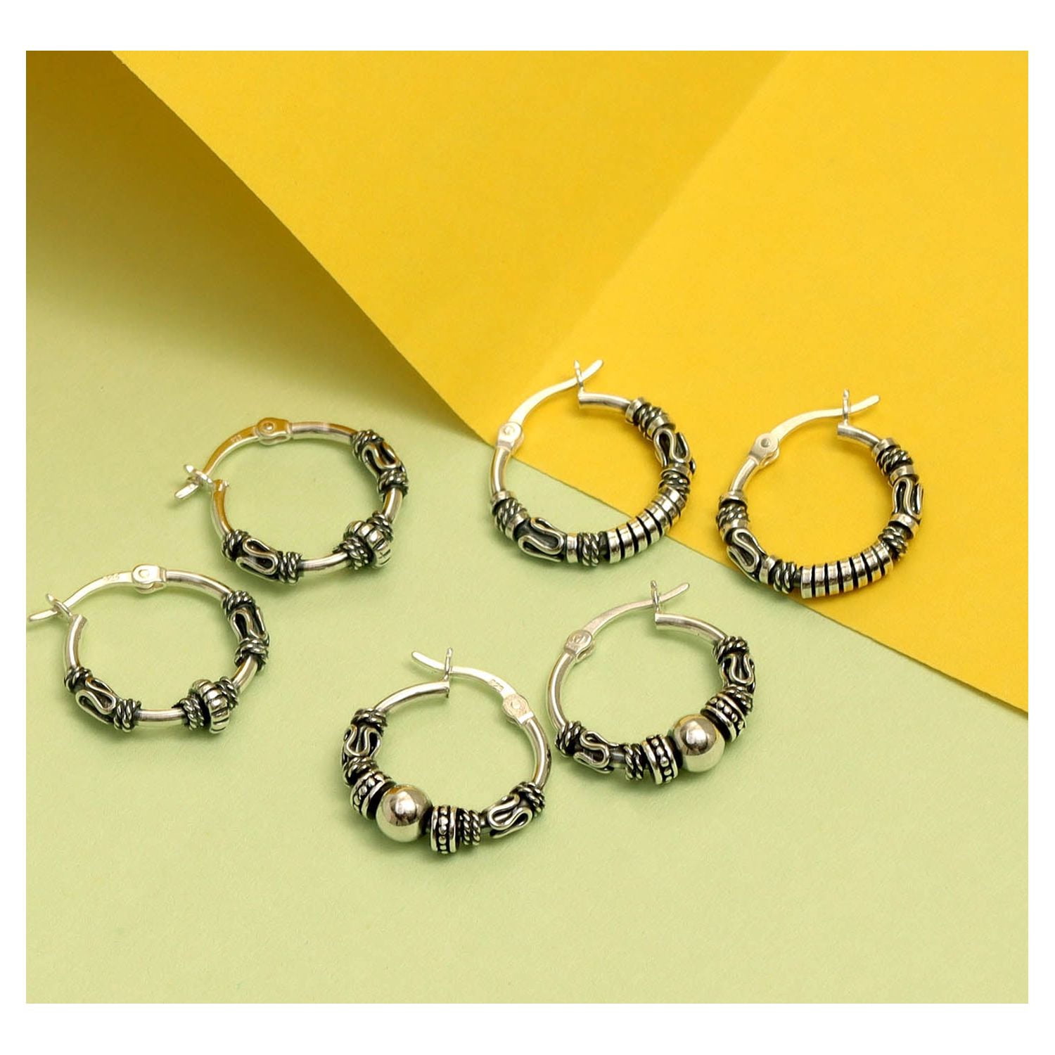 LeCalla Antique 925 Sterling Silver Hoop Earrings Set of 3 Pairs Lightweight for Women and Teen (17MM)