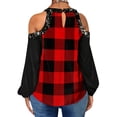 thumbnail image 3 of HUBERY Women Crew Neck Long Sleeve Cold Shoulder Plaid Sequins Splice Top, 3 of 3