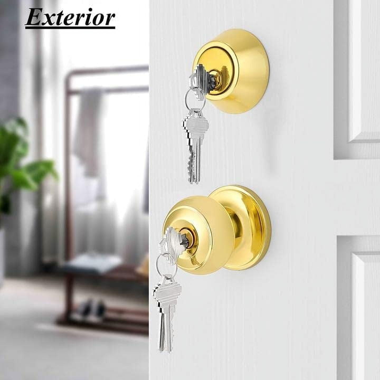 6 Pack Round Ball Entry Door Knobs and Single Cylinder Deadbolt Combo Sets for Exterior Door, Polished Brass, Keyed Alike