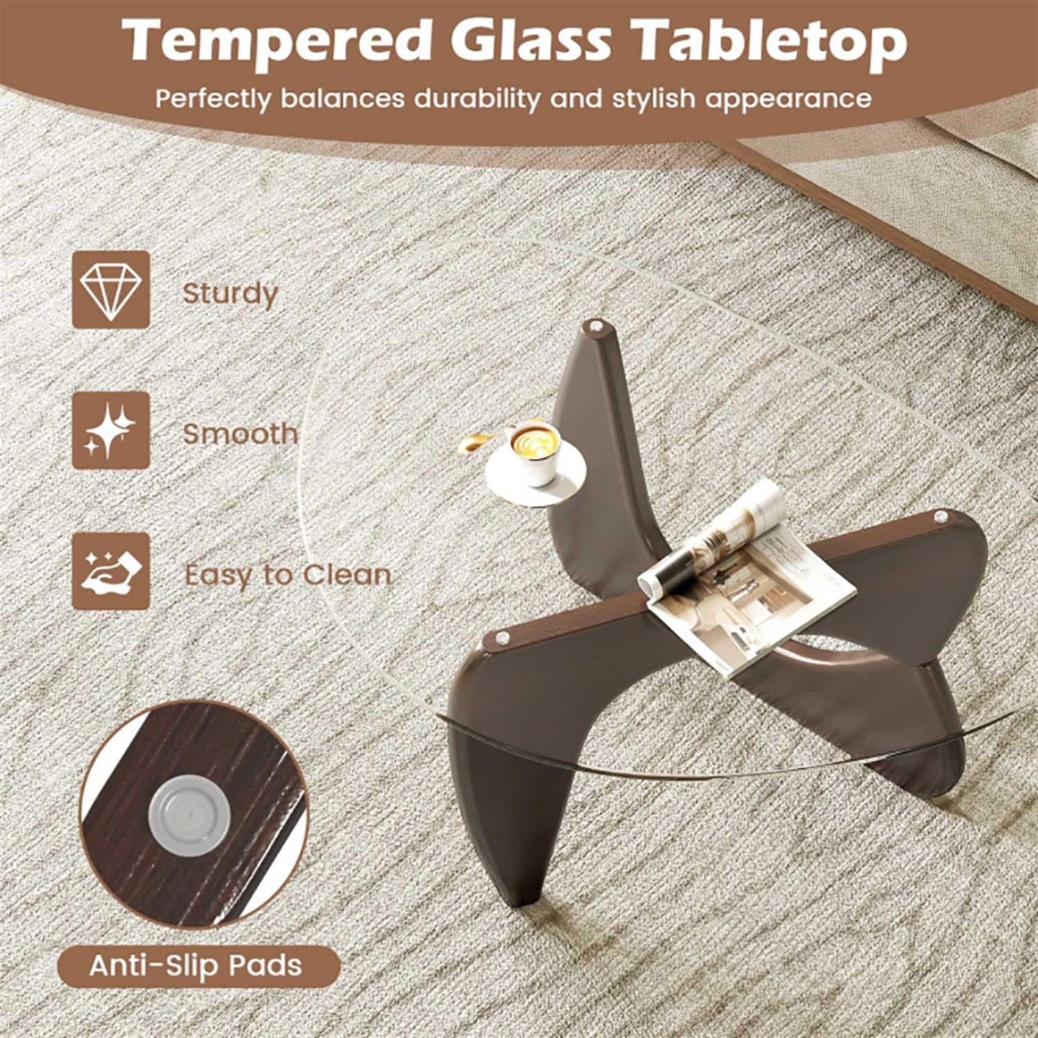 Demi Bonn Triangle Coffee Table, Dining Center Tables with Tempered Glass Top and Adjustable Rubber Wood Base for Living Room, Bedroom, Office and Balcony, Brown