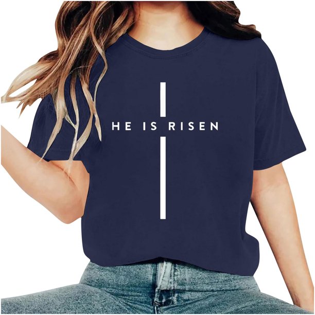 Camisetas de Cuello de Tripulación de Manga Corta para las Mujeres Cartas de Impresión de Pascua Camiseta de Manga Corta, Spandex de Poliéster