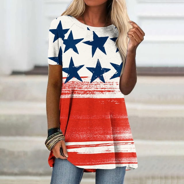 Fiudx Ofertas Flash Del Día Solo En Línea Moda Mujer Causal Día de La Independencia Cuello Redondo Impresión Blusa Manga Corta Camiseta Verano Tops