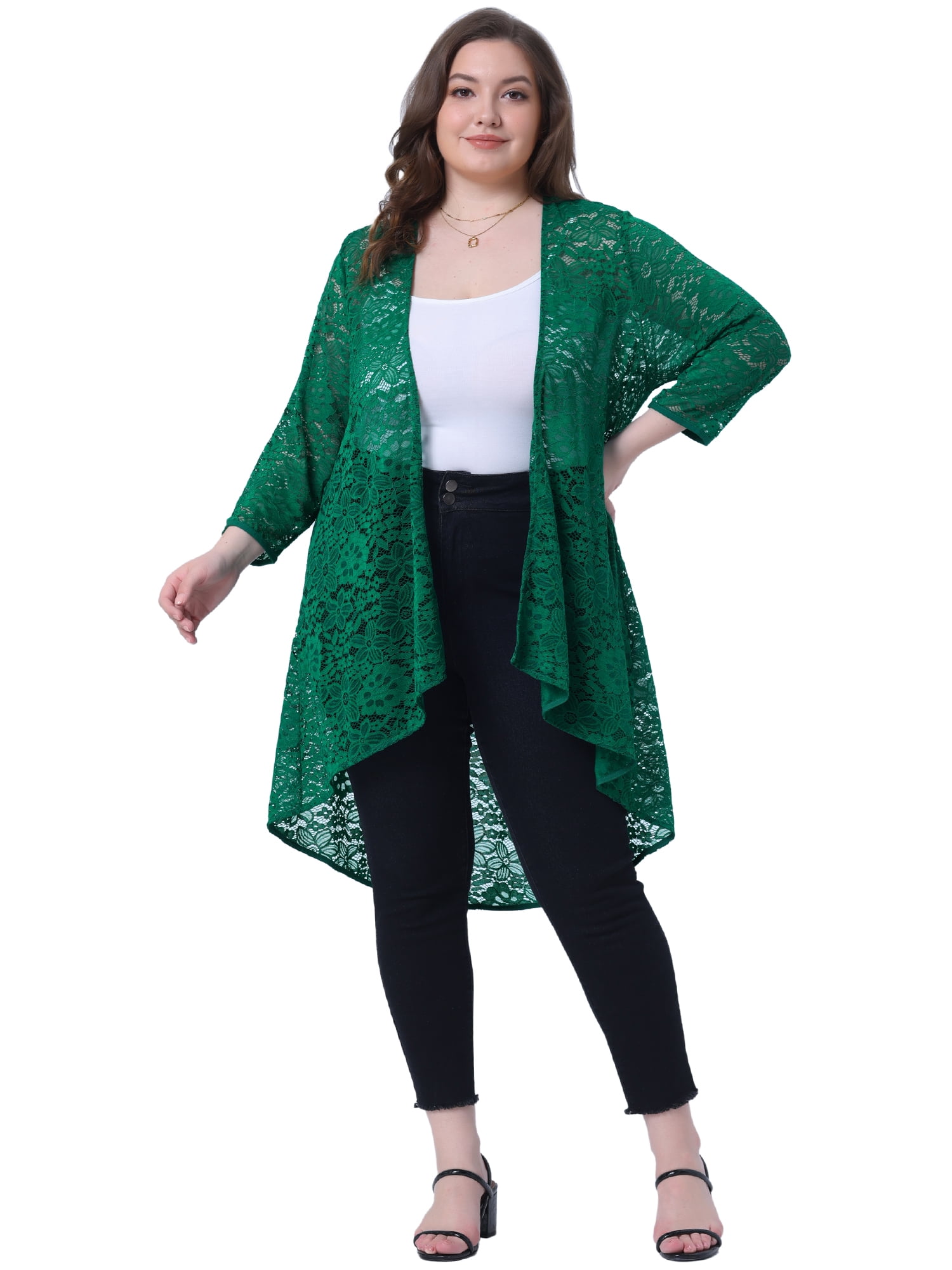 DARING DIVA Plus Size Lace Crochet Sheer Kimono Cover Up Cardigan 1X Green