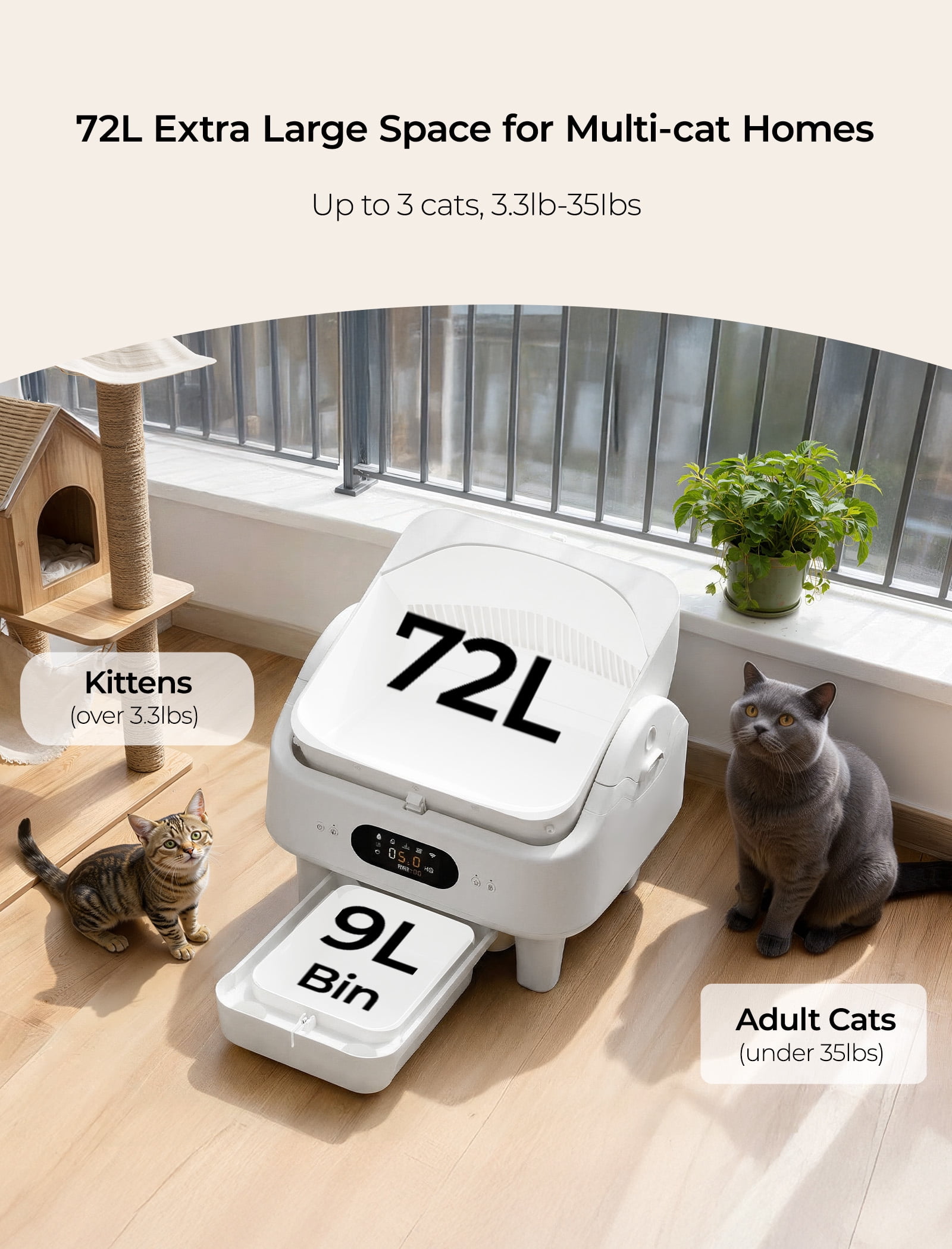 Self Cleaning Cat Litter Box, Cypcat Smart Automatic Litter Box Anti-Pinch, 10 Safety Sensors, 72L Large Cat Litter Boxs for Multiple Cats, 5G & 2.4G WiFi, 6" LED Display, Odor Control Robot, White