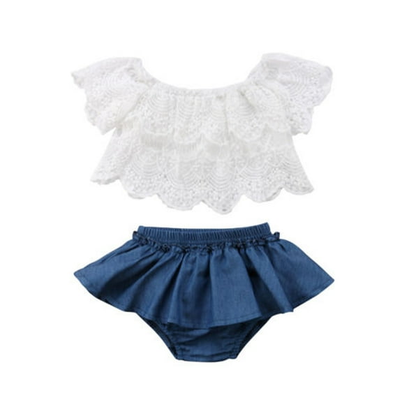 Bagilaanoe 2PCS Toddler Baby Girl Short Pants Set Ruffled Off-shoulder Lace Tops   Denim Shorts 6M 12M 18M 24M 3T Kids Casual Summer Outfits