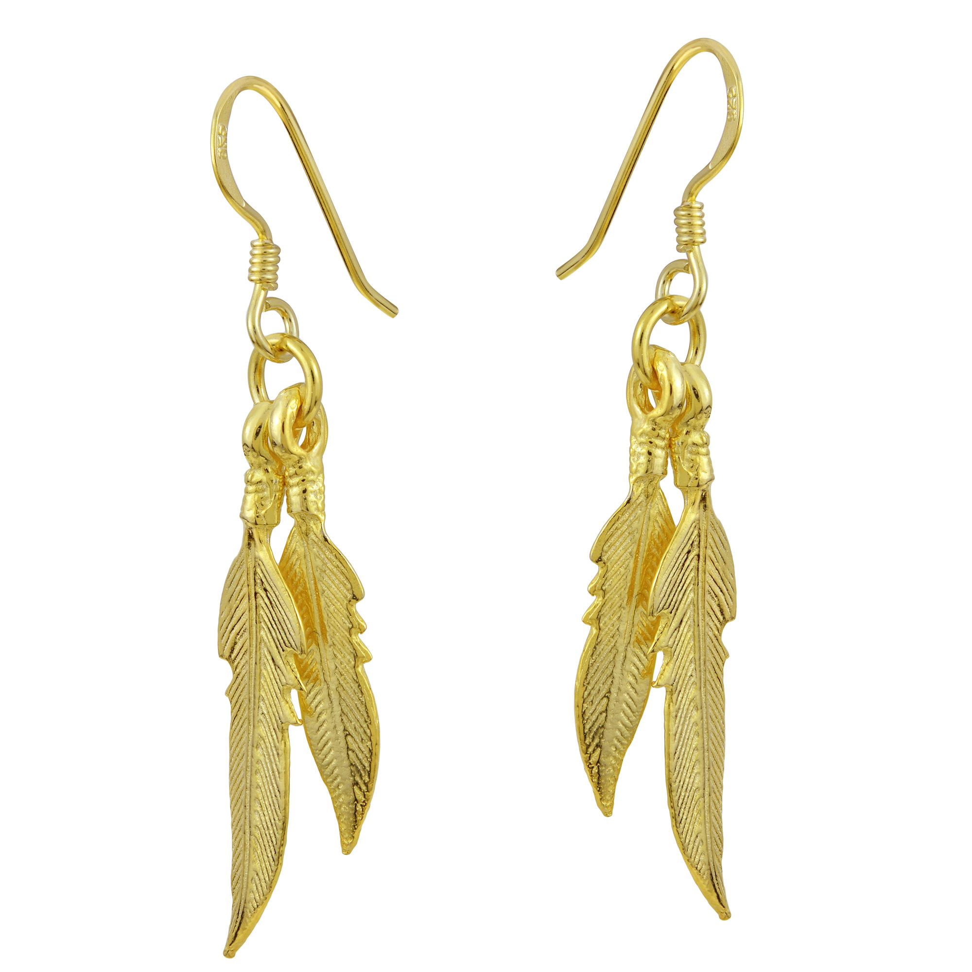 Amazing Double Feather Gold-Plated Sterling Silver Dangle Earrings