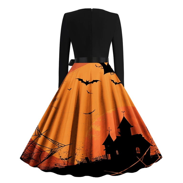 Hvot&aat Halloween Dress for Women Vintage Fit and Flare Long Sleeve Dresses  Cocktail Swing Dress Skeleton Pumpkin Printed Party Costume - Walmart.com