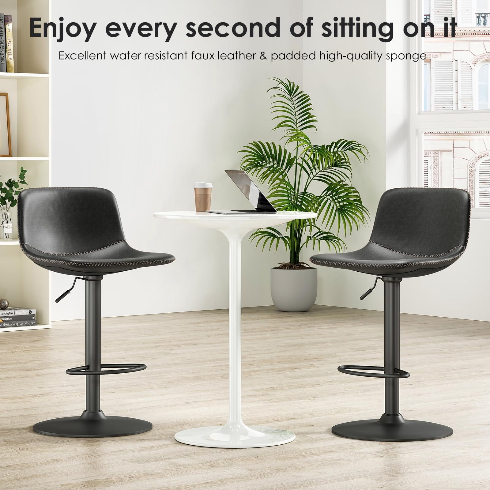 STARY Adjustable Bar Stools Set of 2, Modern Swivel Bar Stools, Bar Height Stools with Back Support, Pu Leather Bar Stool for Kitchen Island Counter