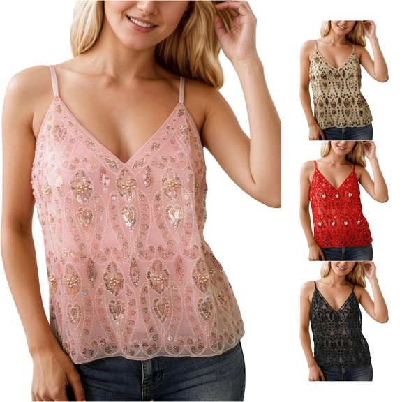 Gunia Summer Tank Tops For Women Sequin Camisole Slim Fit Layering Cropped Sleeveless Shirt Cami Tank Tops For Women Pink