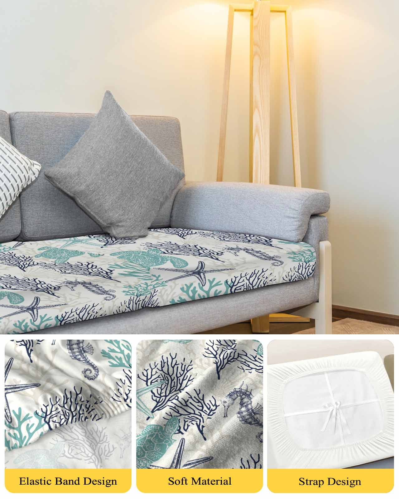 Teal Blue Coastal Couch Cushion Covers Stretch, Washable Sofa Seat Covers Individual Seat Cushion Sofa Slipcovers Sea Turtle Nautical Coral Summer Beach Couch Cover Furniture Protector S-3PCS