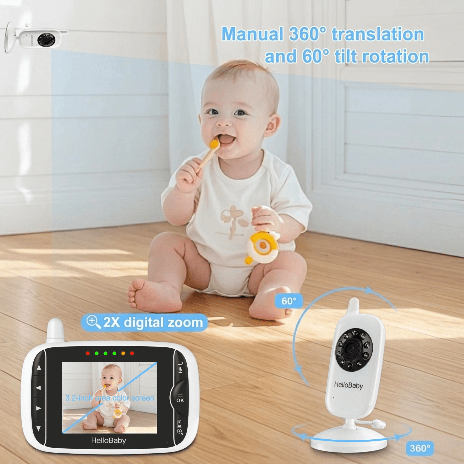 HelloBaby Video Baby Monitor-HB39 with 2.4GHz pigital wireless video baby monitor camera and audio - 8 hours battery life, 1000ft away, 3.2" LCD HD LCD display, no WiFi required No APP Two-way audio