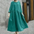 thumbnail image 3 of Women Loose Solid Color Cotton And Linen Irregular Stitching Round Neck Long Sleeve Dress Large Swing Dress With Pocket, 3 of 9