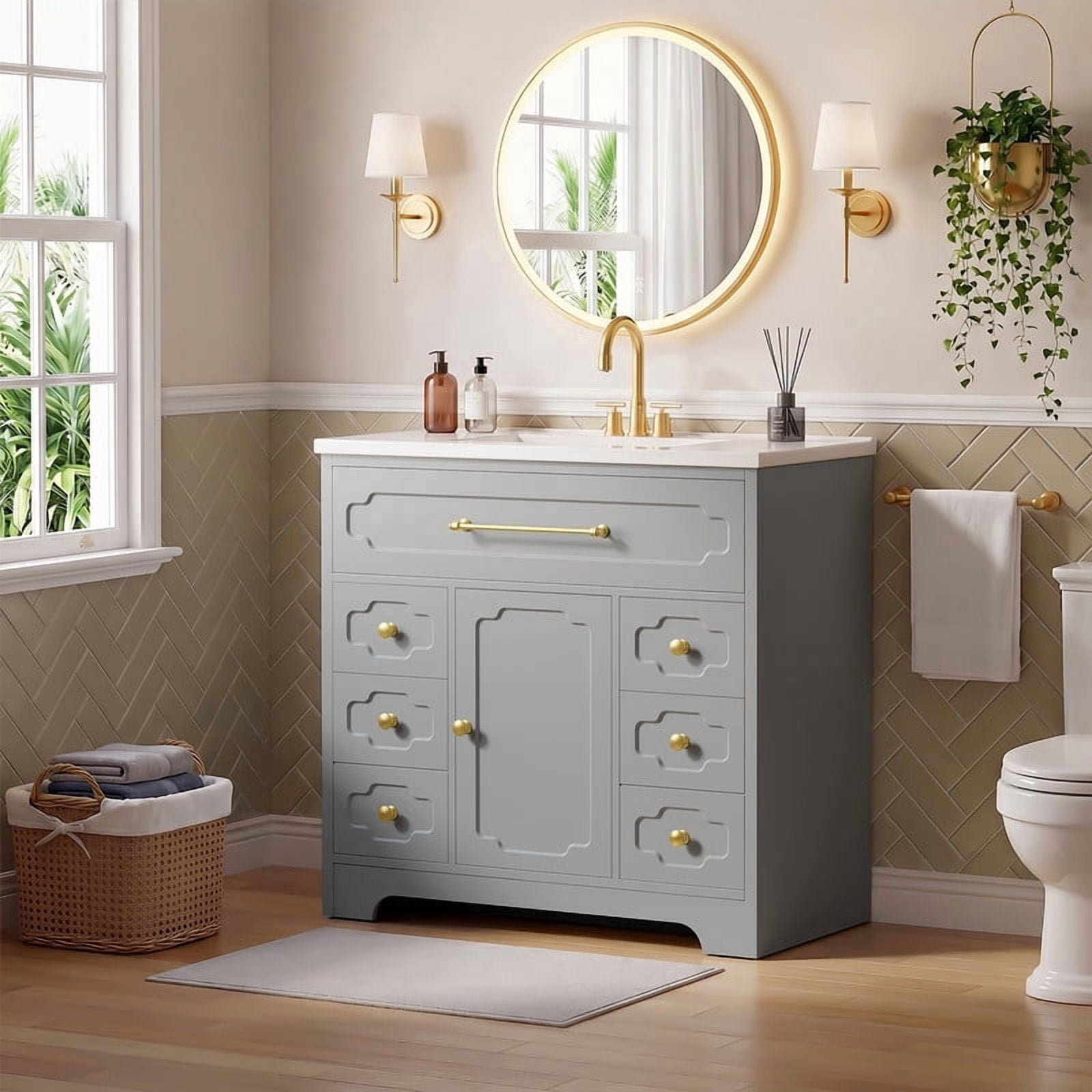 Lacoo 36'' Bathroom Vanity with Ceramic Sink Top, Modern Bathroom Storage Cabinet with Soft Close Drawers, Pre-Drilled Faucet Holes, Freestanding Vanity for Bathroom, Gray(2 Pack)