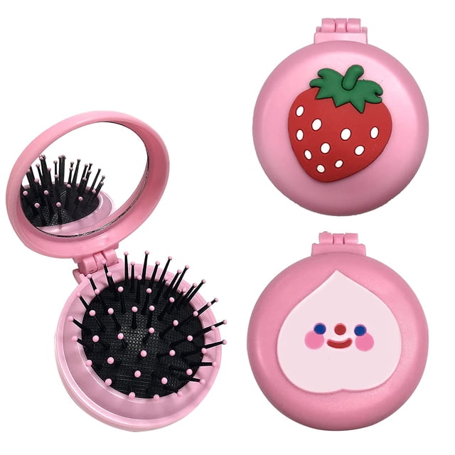 2 cepillos de pelo plegables con espejo redondo, peine de bolsillo plegable con espejo de maquillaje, cepillo compacto de viaje, mini peine de masaje para mujeres y niñas (melocotón y fresa) Sincero Electrónica
