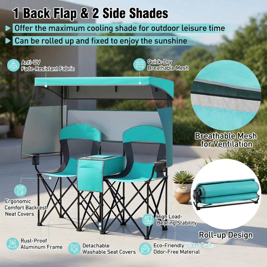 Hommoo Double Beach Chair with Adjustable UPF50+ Canopy, 3-Side Roll-Up Shade Curtains, Built-in Cooler Bag & Mesh Ventilation, Turquoise