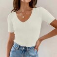 thumbnail image 2 of fatyb Womens Ribbed T Shirts Slim V Neck Basic Knit Tees Short Sleeve Solid Color Casual Summer Tops, 2 of 7