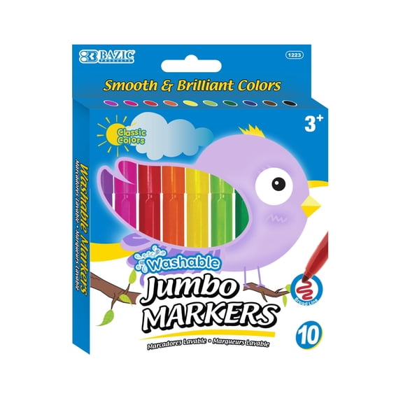 BAZIC Washable Markers 10 Color Jumbo Coloring Marker (10/Pack), 1-Pack