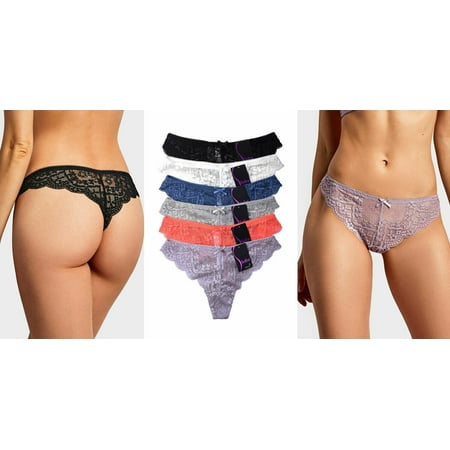6 Pack of Women Sheer Sexy Floral Lace Mid Rise Thong Panties Checky Back Underwear Several
