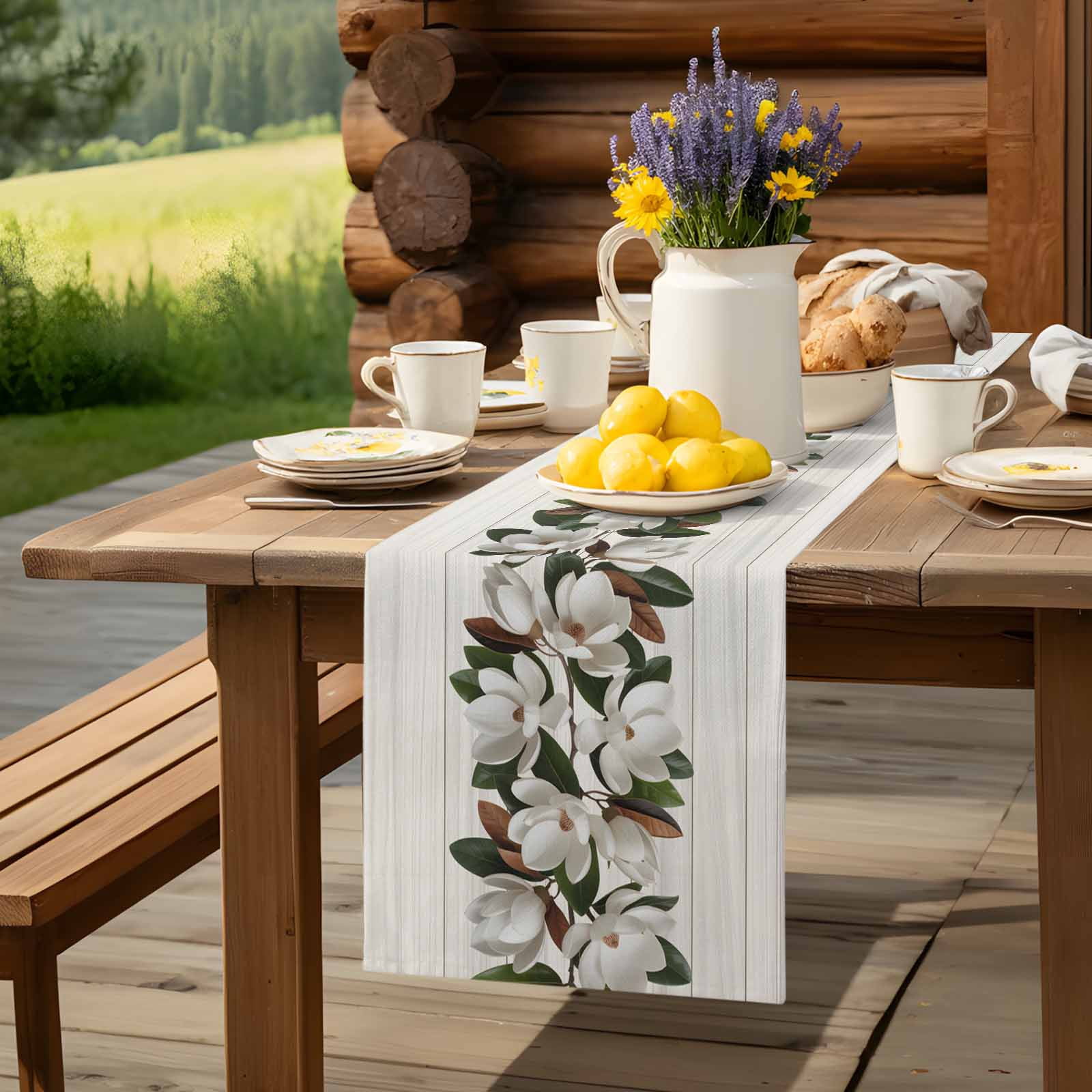 Magnolia Plant Flower Table Runner 90 Inches Long, Farm Vintage Wood Grain Table Runners Tabletop Scarf Kitchen Dining Tables Decoration for Home Party Indoor Outdoor