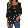 thumbnail image 2 of Womens Tops Printed 3/4 Sleeve Button Round-Neck Blouses Casual T-shirt Tops Black M,Tops for Women, 2 of 5