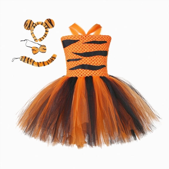 KPOPLK Halloween Toddler Kids Animal Performance Girls Mesh Tulles Dress with Hair Hoop Beast Clothes Dress up Outfits,Size 5-6Years