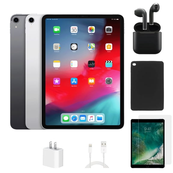 Pre-Owned Apple iPad Pro 11" (2018) A1980 (WiFi) 64GB Silver Bundle with Case, Wireless Earbuds,Tempered Glass Screen Protector