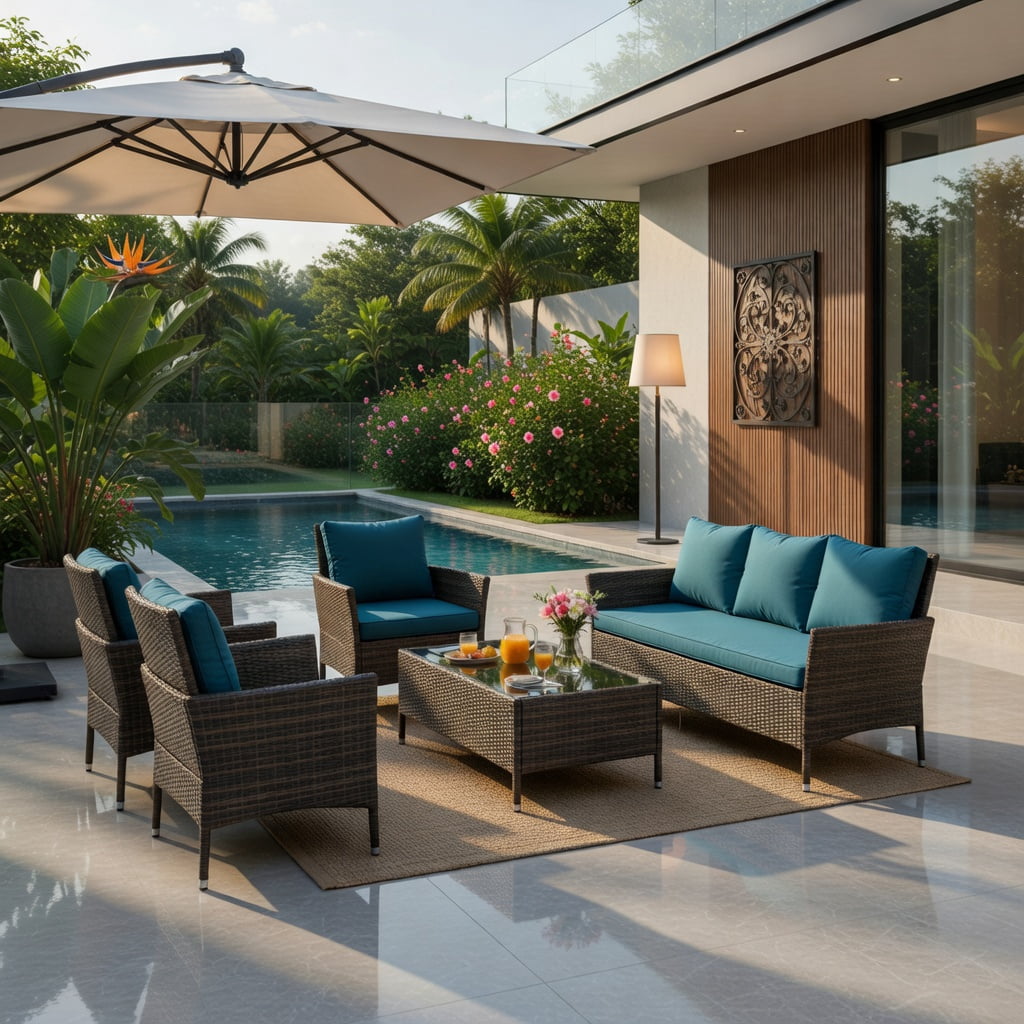 Hommoo 4-Piece Outdoor Rattan Patio Conversation Set with Plush Seat Cushions, PE Wicker, Tempered Glass Coffee Table, Peacock Blue
