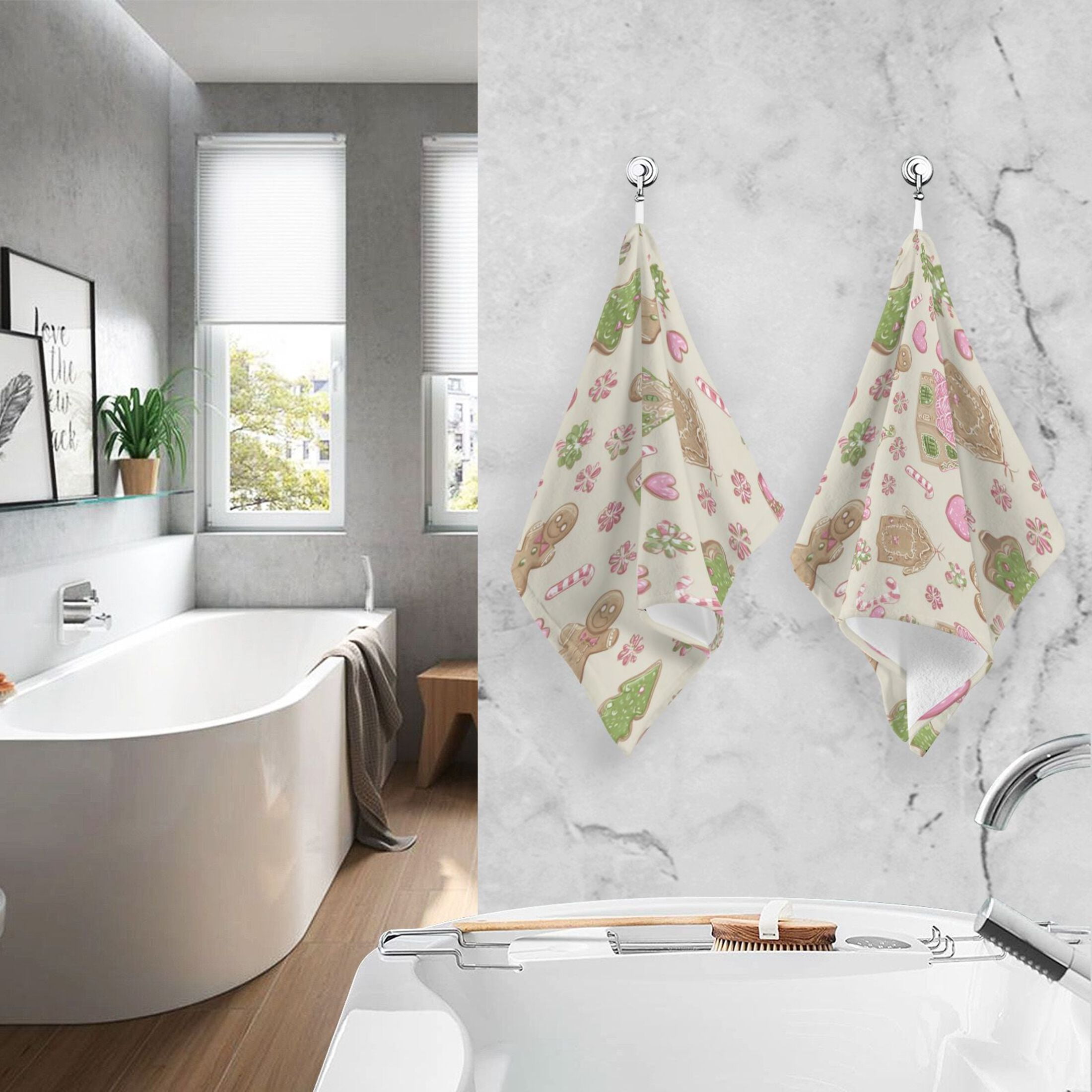 2 Pcs Hand Towels Sets Pink Cute Christmas Pattern Cotton Towel Set Absorbent Face Towel for Bathroom Kitchen Shower Hotel Decor