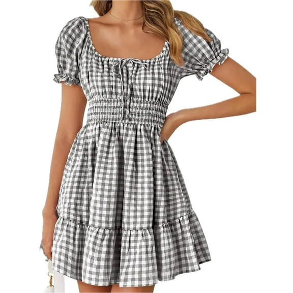 Women's Gingham Smocked Puff Sleeve Summer Dress 100% Polyester Fabric for Light Breezy Comfort and Flattering Fit
