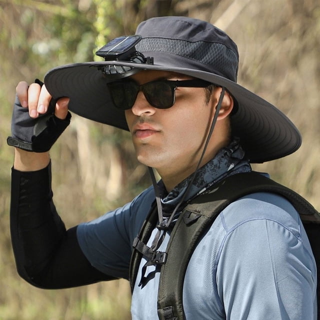 Gorro de ala ancha con energía solar para hombres y mujeres, protección UV para exterior en la playa y sombrero de pesca, gorro refrescante ajustable para verano