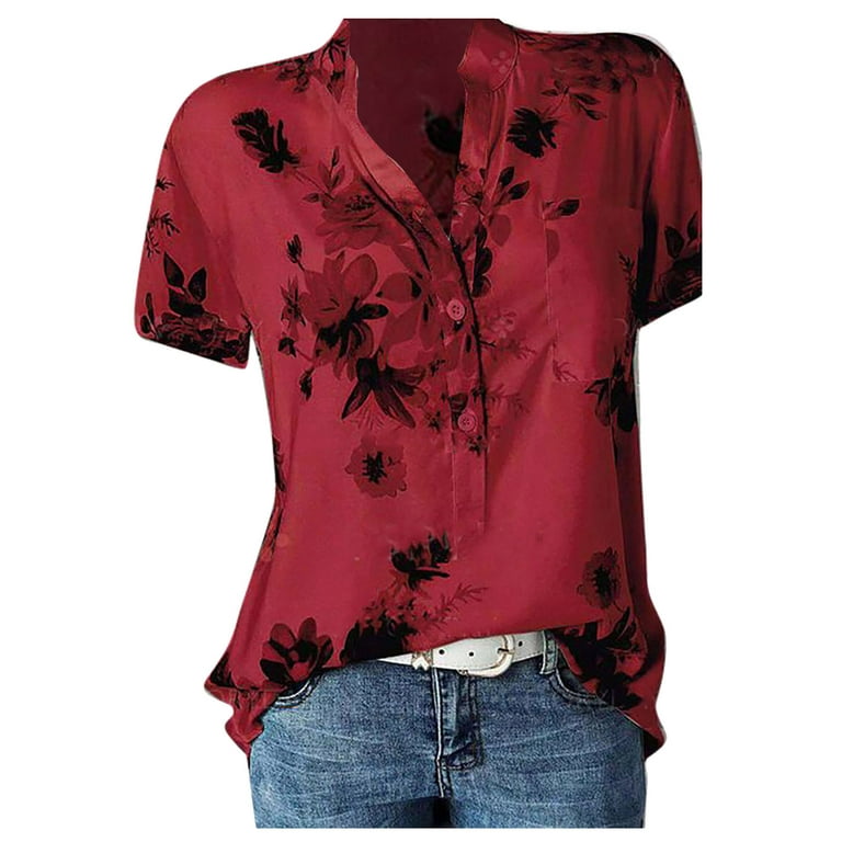 Susanny Tunic Tops for Women Short Sleeve Side with Pocket Plus Size Dressy  Shirts Henley Button Down Plus Size Womens Blouses and Tops Floral Casual