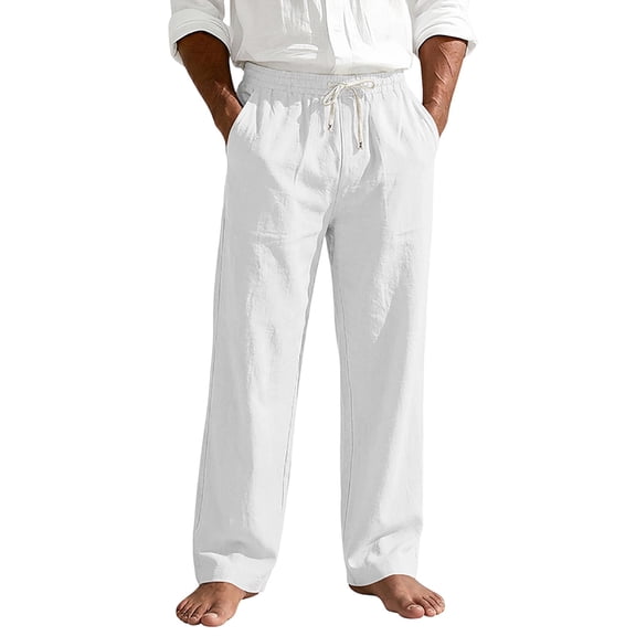 Mens Pants, Straight Leg Men's Linen Pants Elastic Waist Drawstring Trousers Casual Beach Bussiness Dress Loose Fit Pant with Pockets White S