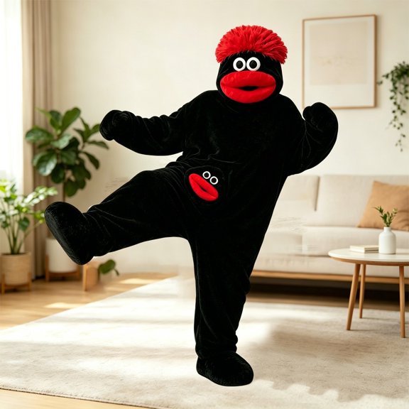 Cartoon Big Mouth Puppet Footed Onesie Costume with Plush Shoes and Bonus Plastic Comb, Zip Up Loose One Piece Jumpsuit Made of Soft Flannel Fleece Fabric Black 100