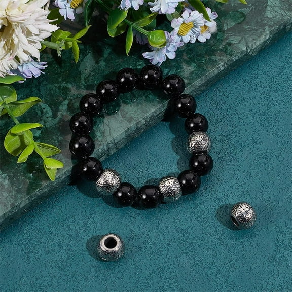 8Pcs Paracord Beads Stainless Steel Round European Beads Antique Silver Rondelle with Cross Large Hole Spacer Beadsfor Hair Beard Bracelets Jewelry Making 13.5mm in Diameter