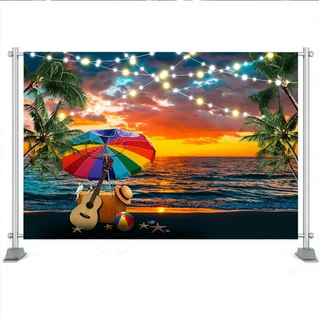 Image of Sunset Guitar Beach Background Portrait Summer Adult Kids Party Backdrop Sea Coconut Tree Gold Clouds Photostudio