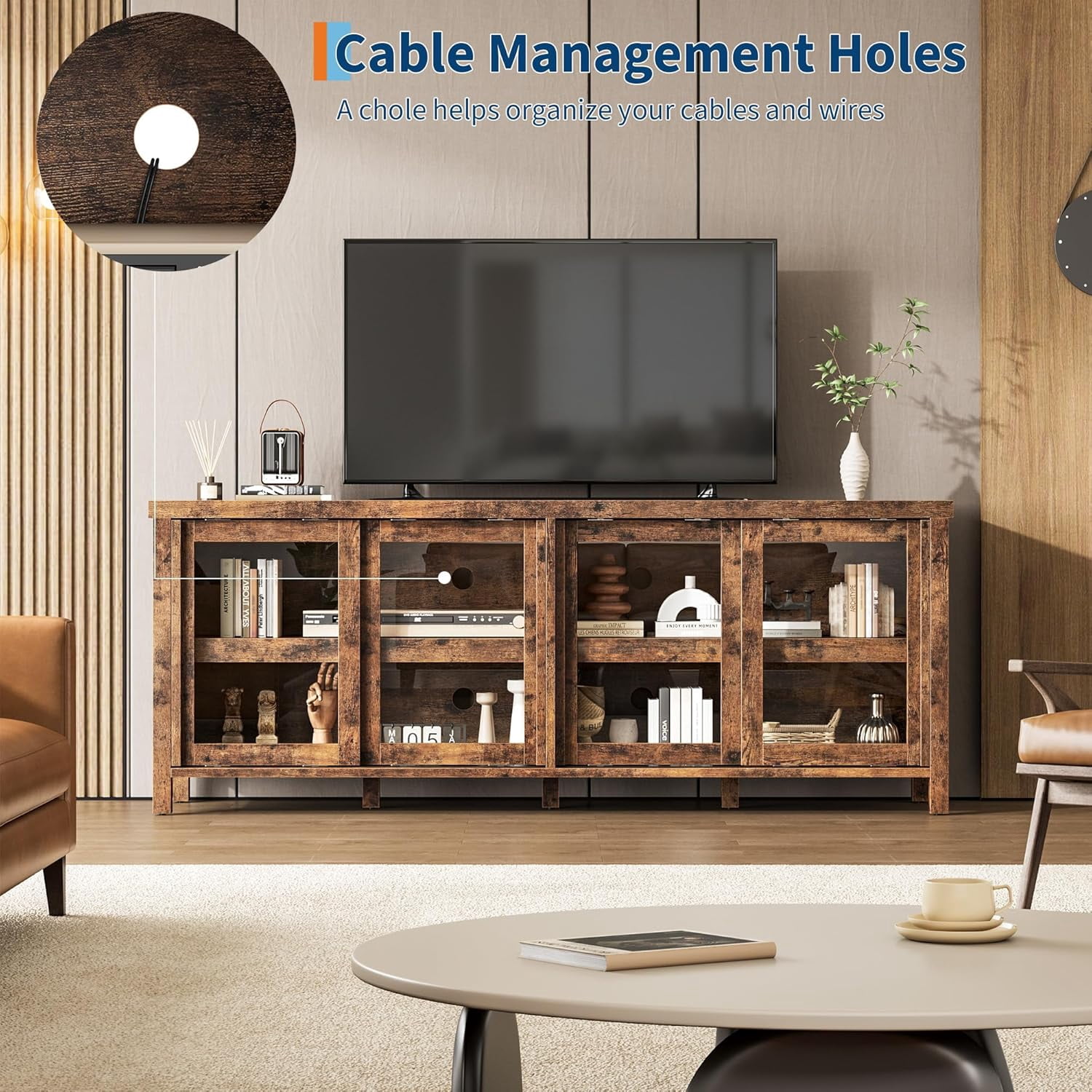 TV Stand for 65 Inch, Entertainment Center with Storage Cabinet and 4 Sliding Glass Doors, Mid Century Modern Media TV Console Table for Living Room Bedroom