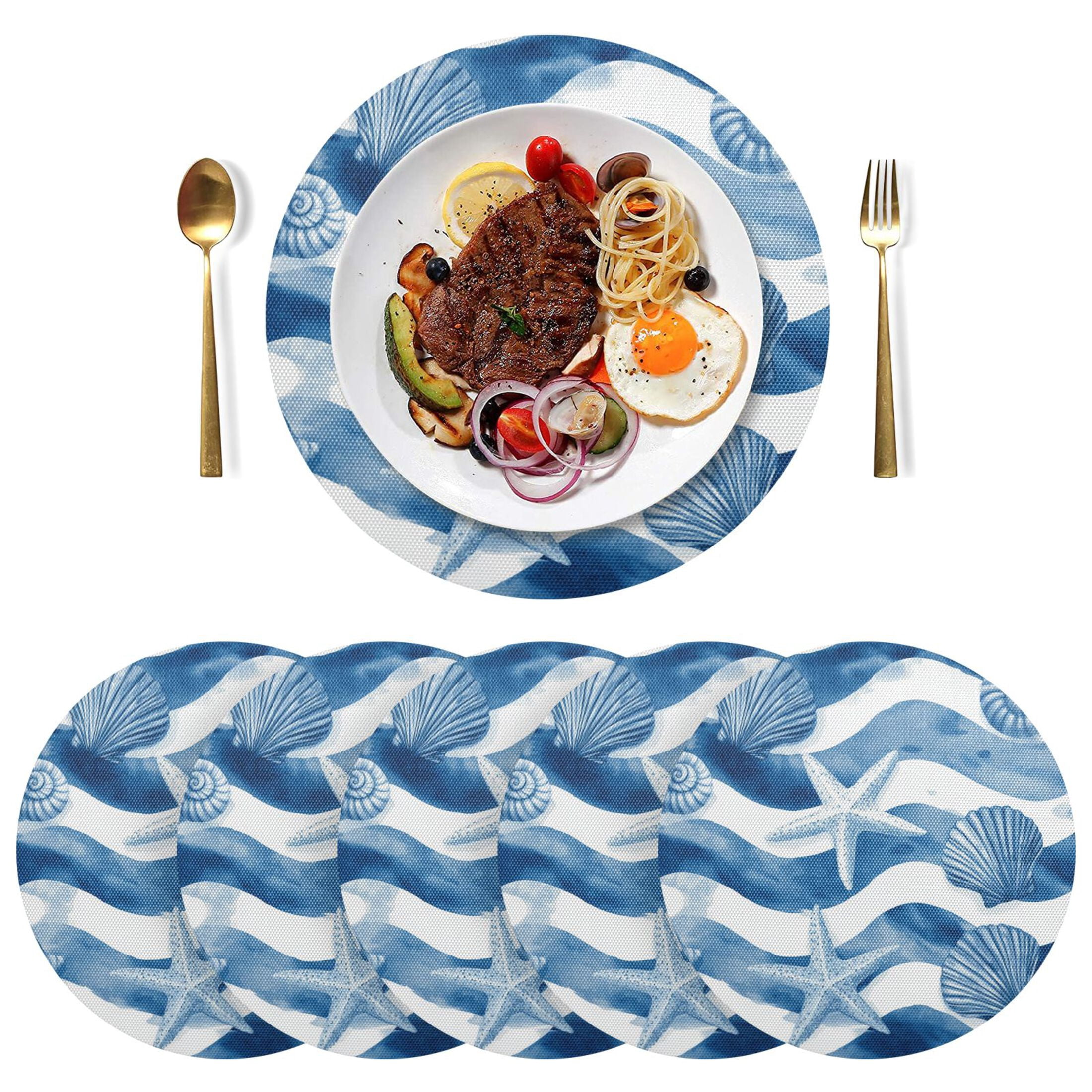 15.4 Inch Round Woven Placemats set of 6 for Dining Table Washable Heat Resistant Table Mats Non-Slip Washable Table Pad for Home Kitchen Decor Blue Watercolor Nautical Seamless Tile