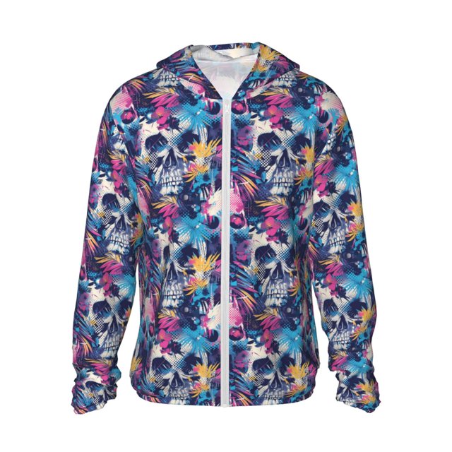 Balery cool Skull colorful Sudadera ligera de manga larga con capucha y protección solar UPF 50+ para hombre y mujer, ideal para pesca y running-Large