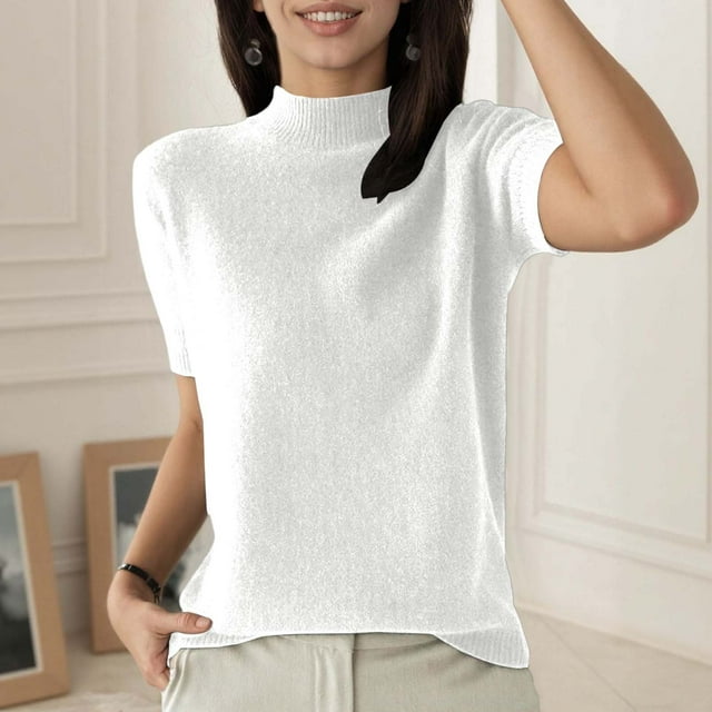 Chandail-over Décontracté en Tricot pour Femmes Doux Extensible Confortable pour Usage Quotidien Léger Respirant Basique Col Rond Manches Courtes Mode