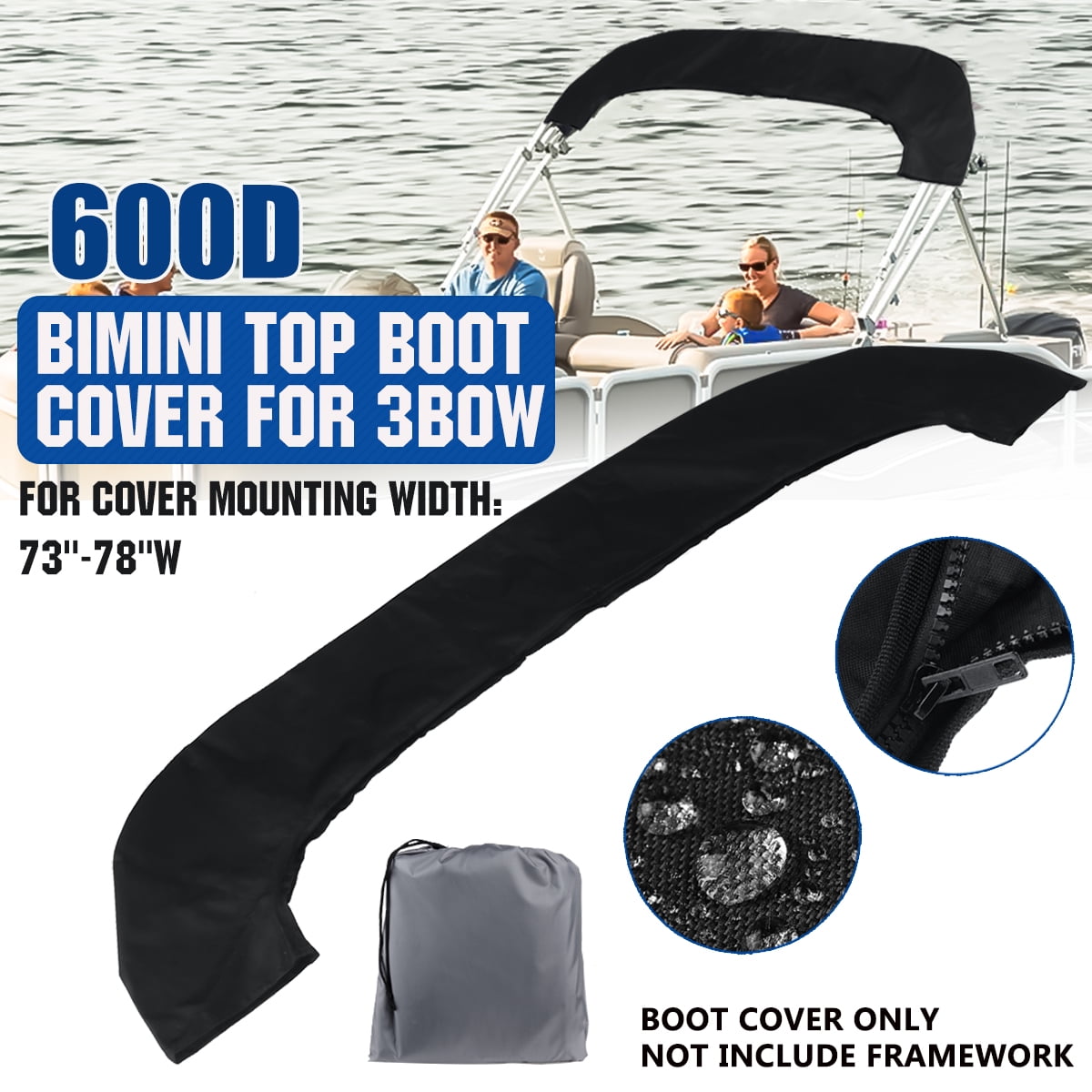 600D 3 BOW Bimini Top Boot Cover Storage Bag Sock Boat Shade No Frame Waterproof UV Resistant