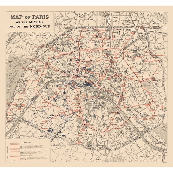 Historic Map - Paris France Metro- 1923  - Vintage Wall Art