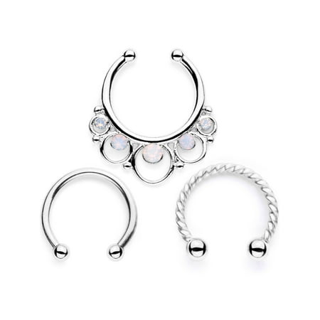 Body Candy 3Pc 316L Steel Non Pierced Fake Faux Clip On Septum Nose Hoop Ring White Accent Women (Best Way To Get Nose Pierced)