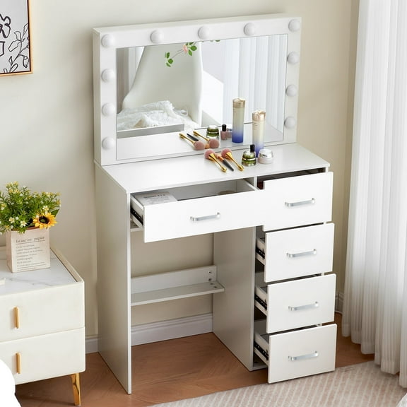 Yamissi Makeup Vanity Desk with Lights, Vanity Set with Large Hollywood Mirror, 5 Drawers Dressing Table for Bedroom