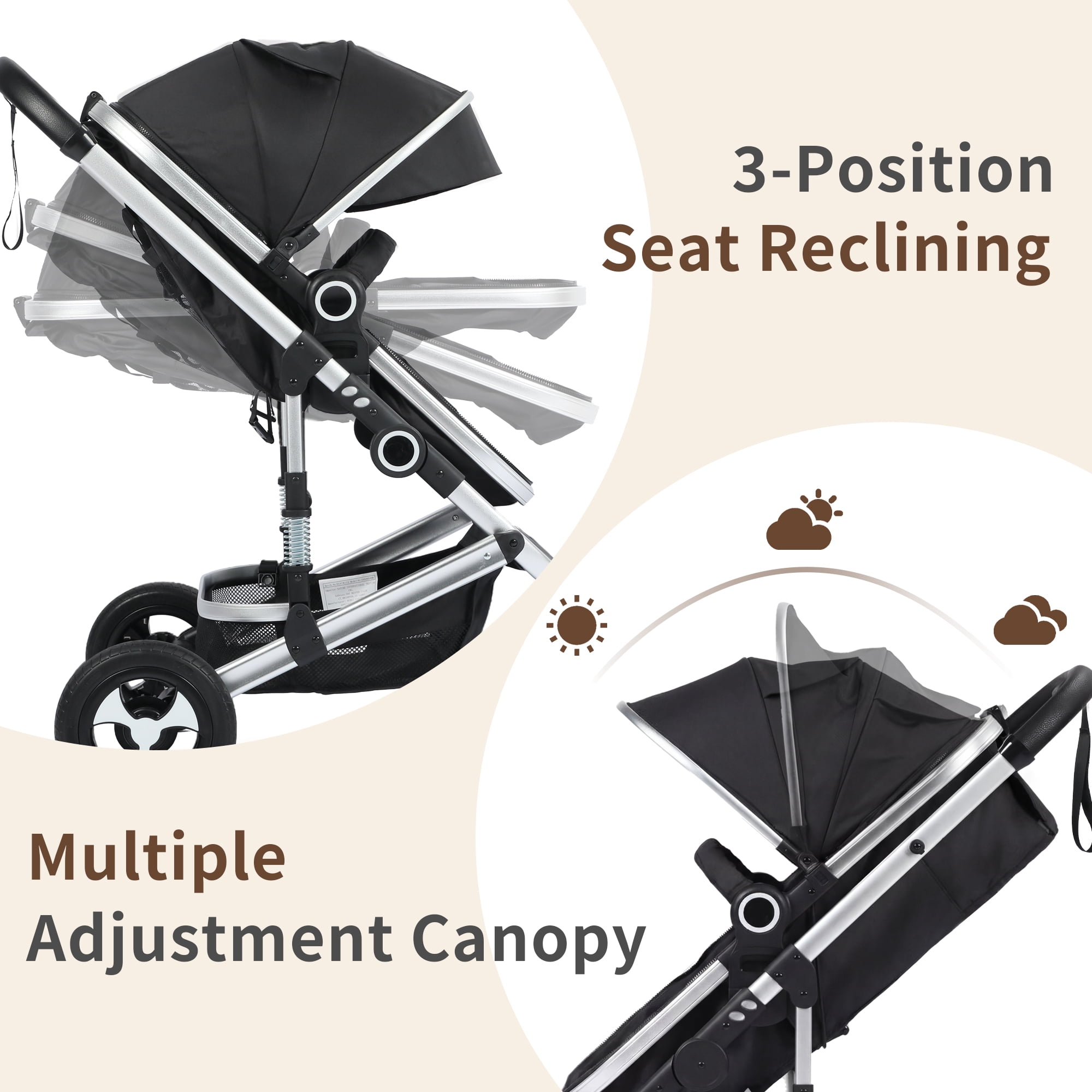 AILEEKISS 3-in-1 Convertible Baby Stroller with Big Seat and Adjustable Canopy, 24 Pounds, Black Silver